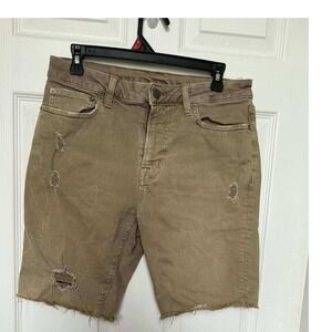 American Eagle Mens Khaki Distressed Denim Shorts Size 30 Cutoff Frayed Hem